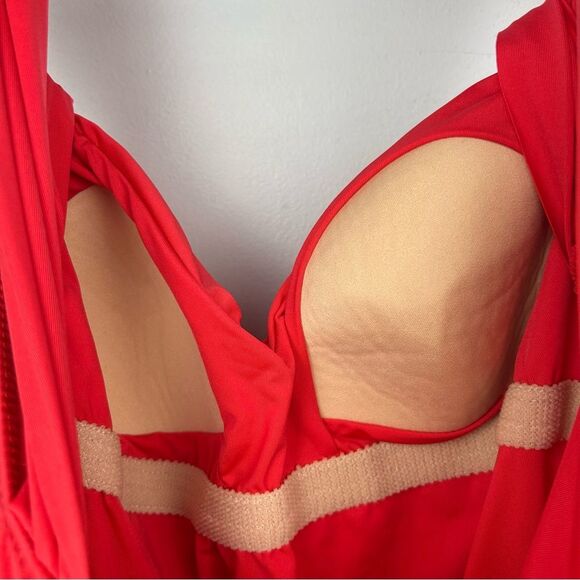 Badgley Mischka One Piece Wide Strap Swimsuit Red Ruched Sweetheart Crossover 8 - Picture 14 of 14